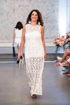 This White Crochet Sleeveless Maxi Dress is the essential summer dress. Its high scoop neck and sleeveless design keep you cool and comfortable, while the sheer crochet material adds a touch of elegance. The short slip provides coverage, and the back button closure adds a stylish detail. Size & Fit Model Measurements (Model is wearing Size S) Bust: 33" Waist: 27" Hips: 37" Height: 5'6" White Crochet V-neck Dress For Beach, White Fitted Crochet Maxi Dress, Elegant White Crochet Beach Cover-up Dress, White Open Knit Crochet Maxi Dress, Chic White Crochet Dress With Hollow-out Details, Maxi Dress Summer, White Slip Dress, Beach Lounge, Crochet Maxi Dress