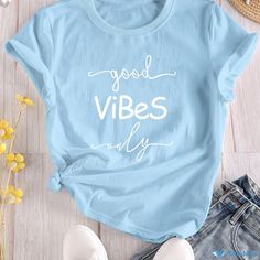 Orcajump - Letter Print Crew Neck T-shirt, Casual Loose Short Sleeve Summer T-Shirts Tops, Women's Clothing Summer T Shirts, Home T Shirts, Loose Shorts, Casual Fit, Summer Tshirts, Dance Wear, Letter Print, T Shirt Top, Letter Prints