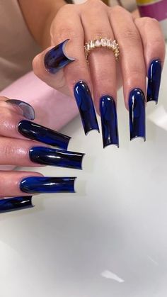 Black And Blue Nails Design, Blue And Black Nails Acrylic, Black And Blue Acrylic Nails, Dark Blue Nail, Dark Blue And Black Nails, Blue Black Nails, Dark Blue Nails Acrylic, Black And Blue Nail Ideas, Blue And Black Nails