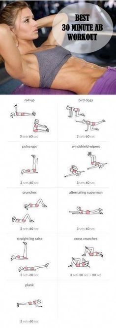 a woman doing exercises on her stomach with the words best 30 minute ab workout written below