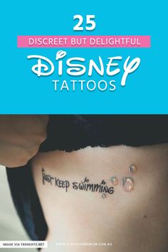 the back of a woman's stomach with disney tattoos on it and text that reads 25