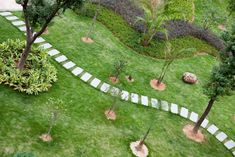 an aerial view of a garden with trees, grass and stepping stones on the ground