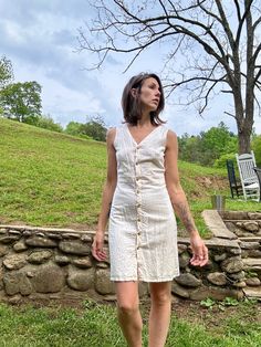 J. Crew linen a-line midi. 😍 I swoon over this beaut. Sorry for the wrinkles y'all- everything gets steamed before shipping.  A beautiful creamy color lined with cotton- so she isn't see through.  🌱 100% linen.  Shown on a 32 bust | 26 waist | 38 hips  For me perfectly but had to unbutton to put on. I think the bust could work for someone a smidge bigger but I wouldn't go past 38 hips.  Measurements 📏  * 🏷️ 0  * 17" ptp  * 13.5" waist  * 17.5" hips  * 35.5" long Beige A-line Linen Dress For Spring, Spring Beige A-line Linen Dress, Fitted Cotton Linen Dress For Day Out, Fitted Cotton Dress For Day Out, Beige Linen Dress For Spring Day Out, Spring Beige Linen Dress For Day Out, Fitted Linen Dress For Spring Daywear, Cream Cotton Linen Dress For Summer, Fitted Cream Linen Summer Dress