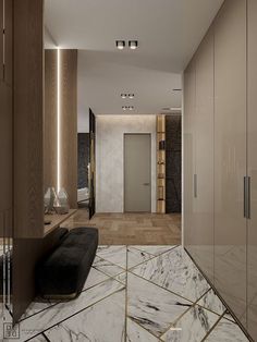 the interior of a modern apartment with marble flooring and walls, along with glass partitions