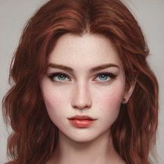 a woman with long red hair and green eyes is shown in this digital painting image