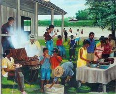 a painting of people gathering around a bbq