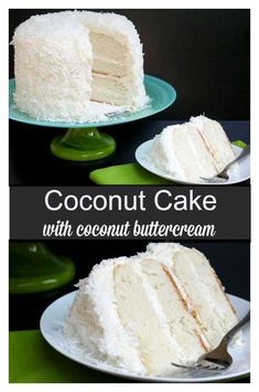 coconut cake with coconut buttercream on the top and bottom, cut in half