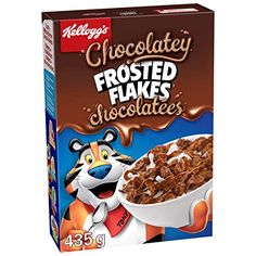 a box of chocolate frosted flakes with an animal holding a bowl of cereal