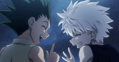 two anime characters one pointing at the other's finger and talking to each other