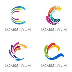 four logos with different colors and shapes for various businesses, such as letter c, c