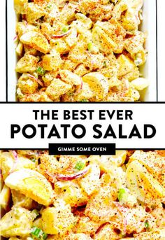 the best ever potato salad is in a casserole dish