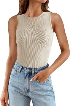 2024 Summer Sleeveless High Neck Casual Slim Fitted Basic Knit Shirts Knit Shirts, Sleeveless Tops Summer, Dressy Tank Tops, Racerback Top, Soft Classic, Summer Tank Tops, Ribbed Tank Tops, Ribbed Tank, White Sleeveless