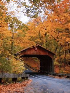 an old covered bridge in the fall with leaves on the ground and trees around it