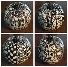 four different pictures of a pumpkin decorated with black and white designs