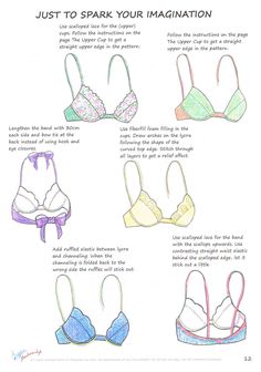 the instructions for bras are shown in different colors and sizes, including pink, blue,