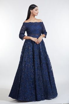 Buy Blue Net Embroidery Resham Off Shoulder Iris Bloom Gown For Women by MeenaGurnam Online at Aza Fashions. Net Embroidery, Garden Embroidery, Off Shoulder Gown, Shoulder Sleeve, Off Shoulder