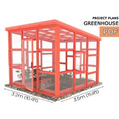 an orange greenhouse with plants in it and measurements for the size, width, and height