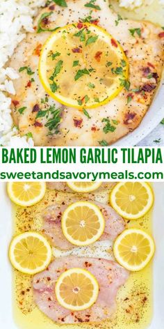 lemon garlic baked tilapia with chicken, rice and lemon slices on the side