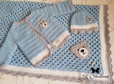 "Handmade teddy baby set This set is made in baby blue with a white and grey shell boarder  Set includes cardigan, hat and blanket all comes in a presentation box which would make the perfect gift These sets are made to order, despatched within 5 working days Cardigan Measurements  Newborn - Cardigan Chest 16\" - Length 9\" 0-3 months - Cardigan Chest 18\" - Length 9.5\" 3-6 Months - Cardigan Chest 19\" - Length 11\" Blanket measures approx 30inch x 30inch. If you require the blanket bigger please message me  Material: 100% premium soft acrylic which make this set hypoallergenic and vegan Care instructions: Wash at 30 Degrees Celsius  Cold rinse, short spin Do no tumble dry Dry flat Please note as these are handmade the shade of colour may differ slightly from the photo" Crochet Baby Jacket, Baby Boy Clothing Sets, Premature Baby, Jacket Cardigan, Handmade Teddy, Baby Jacket, Hat Set, Baby Set, Baby Cardigan