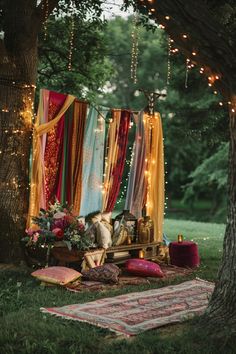 an outdoor area with blankets, rugs and candles on the ground next to a tree