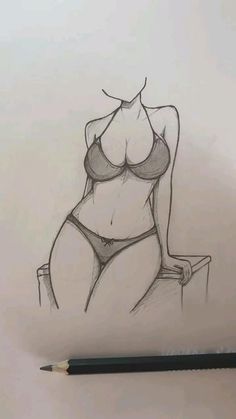 a pencil drawing of a woman's breast in a bra and panties, sitting on a stool