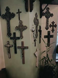 several crosses are hanging on the wall next to a potted plant