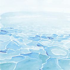 watercolor painting of rocks and ice in the ocean with blue hues on it