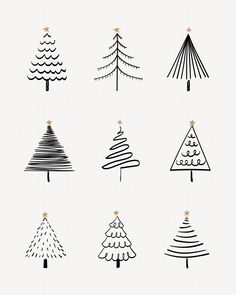 six different types of christmas trees in black and white