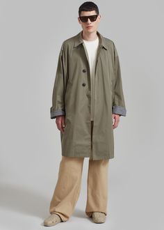 Peter Trench Coat - Eucalyptus Classic Cotton Outerwear For Daywear, Classic Daywear Outerwear With Pockets, Relaxed Fit Outerwear With Lapel Collar And Button Closure, Classic Outerwear With Pockets For Daywear, Oversized Workwear Outerwear With Button Cuffs, Oversized Outerwear With Button Cuffs For Work, Green Outerwear With Lapel Collar And Button Cuffs, Classic Oversized Outerwear With Button Cuffs, Oversized Outerwear With Button Cuffs For Daywear