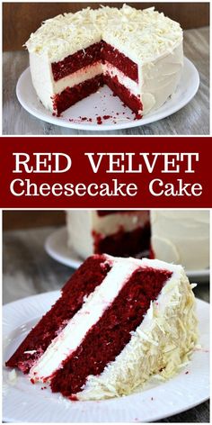 red velvet cheesecake cake with white frosting and layers cut in half on plates