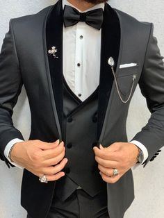 Tailored Black Satin Blazer, Fitted Satin Blazer For Weddings, Black Satin Blazer With Notch Lapel, Fitted Black Satin Blazer, Fitted Black Satin Set, Black Fitted Satin Set, Black Satin Tuxedo Blazer, Fitted Black Satin Tuxedo, Black Satin Party Suit