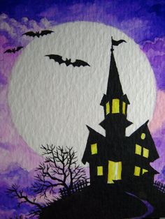 a drawing of a house with bats flying over it and a full moon in the background