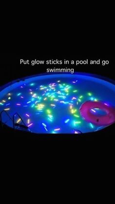 a cell phone with an image of a pool in the water and text that reads, put glow sticks in a pool and go swimming