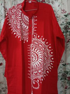 Hand painted Men's Kurta, Mandala art on kurta, Party Wear Kurta, All size Available Give yourself a best ethnic look by wearing this Kurta. Fully hand painted mandala art on this kurta. This outfit will look apart on special occasions. Mandala Art On Cloth, Traditional Red Printed Kurta, Bohemian Kurta With Pallu For Puja, Bohemian Kurta For Puja And Navratri, Diwali Puja Kurta With Block Print, Diwali Puja Block Print Kurta, Traditional Batik Print Festival Kurta, Traditional Patterns Kurta For Festivals, Festive Batik Print Straight Kurta