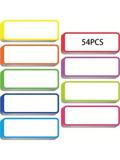 four different colored labels on a white background with the words 5 / pcs written below them