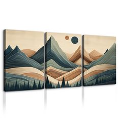 three pieces of art with mountains and trees on the sides, one has a sun above it