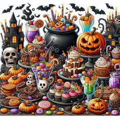 a large group of halloween items on display in front of a white background with bats and pumpkins