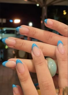 not my photo Summer Vk Nails, Short Blue Acrylic Nails Almond, Bright Nails French Tips, Cute Summer Nail Ideas Simple, Blue Nails White French Tip, Summer Nail Inspo Dip Powder, Summer Vacay Nails French Tip, French Tip Nails Teal, Easy Almond Nail Designs Summer