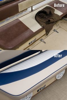 before and after photos of the inside of a boat's cabin with no mattresses