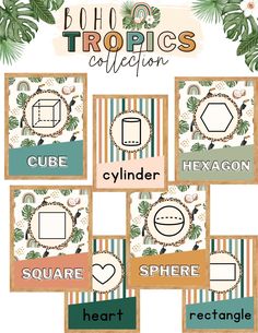 a bunch of different types of cards with the words tropical and heart shapes on them