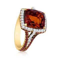 Ross-Simons - 7.00ct Hessonite Garnet, 1.20ct t. w. Orange Sapphire, .46ct t. w. Diamond Ring Emerald Cut Size 5. With a warm and robust presence, this ring will serve as a striking showpiece to a formal ensemble. It boasts a fiery 7.00 carat rectangular cushion-cut hessonite garnet accentuated by a double halo of icy .46 ct. t. w. round brilliant-cut diamonds in white rhodium and bold 1.20 ct. t. w. round orange sapphires. Crafted in 18kt yellow gold. 1/2" wide. Diamond, orange sapphire and hes Diamond Ring Emerald Cut, Diamond Ring Emerald, Ring Emerald Cut, Rectangular Cushion, Emerald Cut Diamond Ring, Hessonite Garnet, Jewelry Accessories Ideas, Ring Emerald, Double Halo