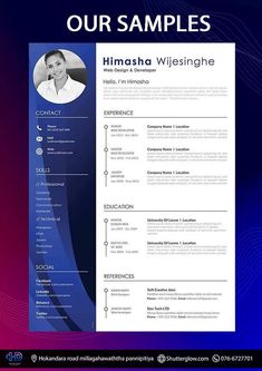 a blue and purple resume template with an image of a man in the center on it