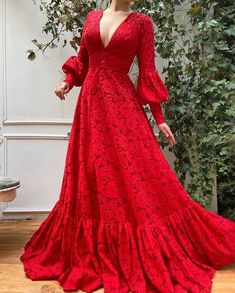 Teuta Matoshi, Evening Gowns With Sleeves, Red Wedding Dresses, Mode Abaya, A Line Gown, Fancy Dresses, Stylish Dresses, Dress Fabric, Pretty Dresses