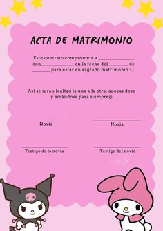 a pink certificate with two cartoon characters on the front and back of it, in spanish