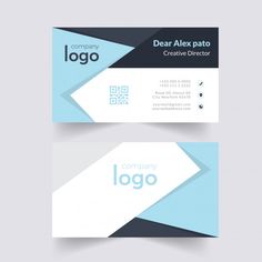 two business cards with blue and black shapes on the front, one is for company logo