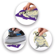 three different pictures of someone using a iron to sew on some fabric and plastic material