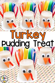 turkey puddinging treat made out of marshmallows and colored paper with the words turkey puddinging treat on it