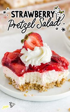 strawberry pretzel salad on a white plate with the words, strawberry pretzel salad