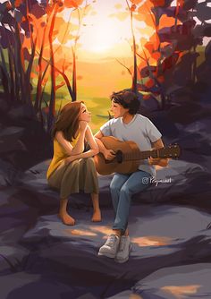 a painting of a man playing the guitar to a woman sitting in front of trees