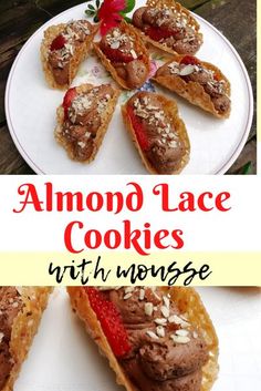 there are several desserts on the plate with words above them that say almond lace cookies